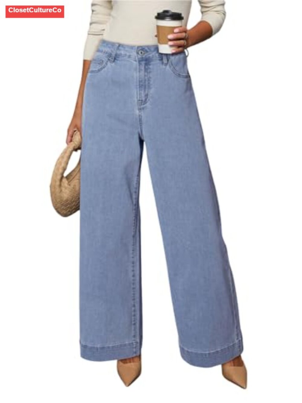 High Waisted Wide Leg Stretch Denim Jeans Loose Fit Casual Womens
